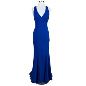 Backless A-Line V-Neck Bow Accent Evening Gown Blue Size 0 Long Formal Dress